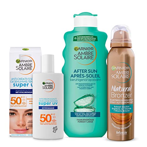 Garnier Pflegeset für gebräunte Haut, Mit Sonnencreme LSF 50+ mit Hyaluron, Selbstbräuner Spray mit Aprikosen Öl und After Sun Lotion mit Aloe Vera, Ambre Solaire Set, 3-teilig