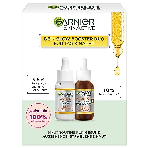 Garnier Vitamin C Glow Booster Serum Duo für Tag & Nacht, Mit Anti-Dark Spot Serum und Brightening Night Serum gegen dunkle Flecken und müde Haut, Vegane Formel, SkinActive, 2 x 30 ml