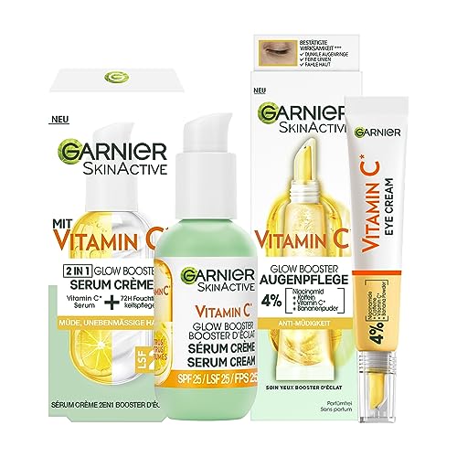 Garnier Vitamin C Glow Booster Set mit Anti-Müdigkeits Augenpflege und Serum Crème, Für eine strahlende und ebenmäßige Haut und zur Milderung von Müdigkeitsanzeichen, SkinActive, 2-teilig