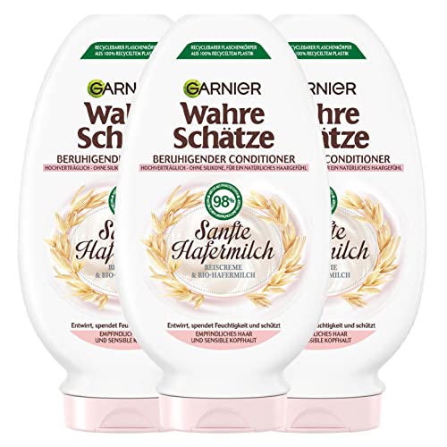 Garnier Wahre Schätze Beruhigende Spülung Sanfte Hafermilch, entwirrt und spendet Feuchtigkeit, für empfindliches Haar und sensible Kopfhaut, 3 x 200 ml