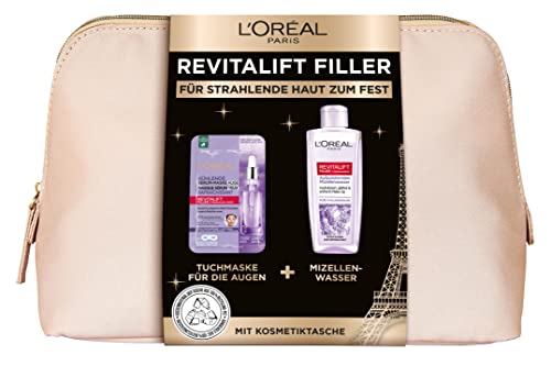 L'Oréal Paris Geschenkset mit Kosmetiktasche, Gesichtsmaske (1Stk) und Mizellenwasser (200ml), Für einen aufgepolsterten und strahlenden Teint, Revitalift Filler