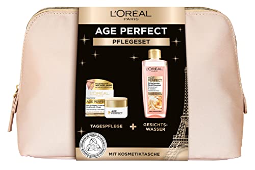 L'Oréal Paris Geschenkset mit Kosmetiktasche, Gesichtswasser (200ml) und Tagespflege (50ml), Anti-Aging Gesichtspflege für reife Haut mit Kollagen-AS-Fragmenten, Age Perfect
