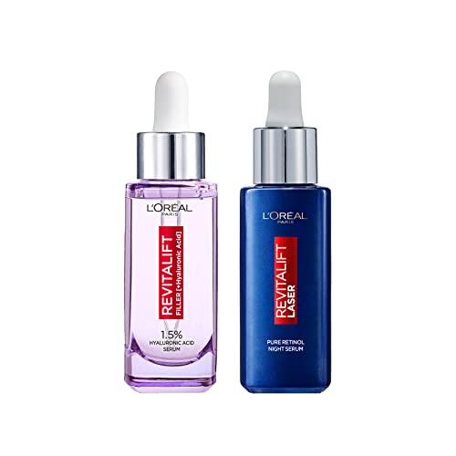 L'Oréal Paris Gesichtspflege-Set mit Revitalift Filler Anti-Falten Serum mit Hyaluronsäure und Vitamin C und Laser Nacht mit Vitamin A, pflegendem Öl & Hyaluronsäure