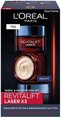 L'Oréal Paris Gesichtspflege Set, Anti-Aging Tagespflege und Nachtpflege mit 3-fach Wirkung, Mit Pro-Retinol, Hyaluron und Vitamin C, Revitalift Laser X3, 2 x 50 ml