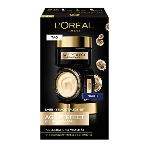 L'Oréal Paris Gesichtspflege Set, Anti-Aging Tagespflege und Nachtpflege zur Förderung der Zellregeneration, Mit Antioxidantien Formel und Vitamin E, Age Perfect Zell Renaissance, 2 x 50 ml