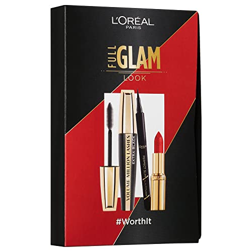 L'Oréal Paris Make-up Set mit Wimperntusche, Eyeliner und Lippenstift, Volume Million Lashes Mascara (schwarz), Color Riche Lippenstift (rot), Superliner Perfect Slim (schwarz), 3-teilig