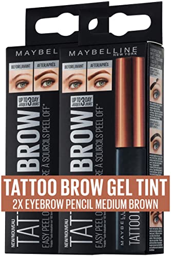 Maybelline New York Augenbrauenfarbe im Doppelpack, Tattoo Brow Gel Tint, Mit Peel-off-Formel, Nr. 2 Medium Brown, 2 x 5 ml