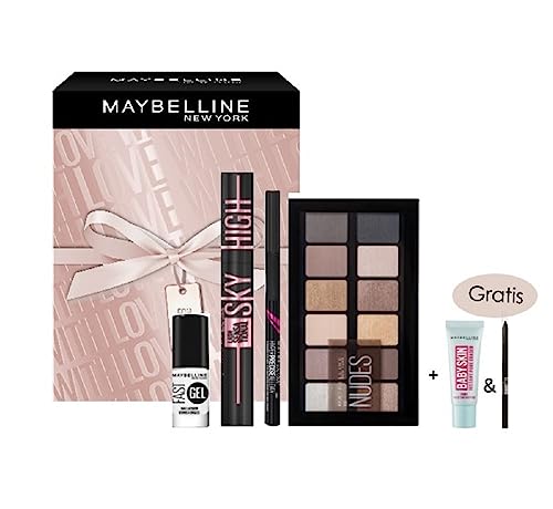 Maybelline New York Augen Make-Up Set mit Sky High Cosmic Black Mascara, The Nudes Lidschatten Palette, Hyper Precise Liner 700, Fast Gel Nagellack Nr. 18 und zwei Minis