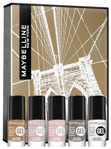 Maybelline New York Nagellack-Set mit Gel-Effekt für farbintensive Nägel, Fast Gel "Nudes", 01 Clear Top Coat + 03 Nude Flush + 04 Bit of Blush + 15 Carmel Crush + 16 Sinful Stone