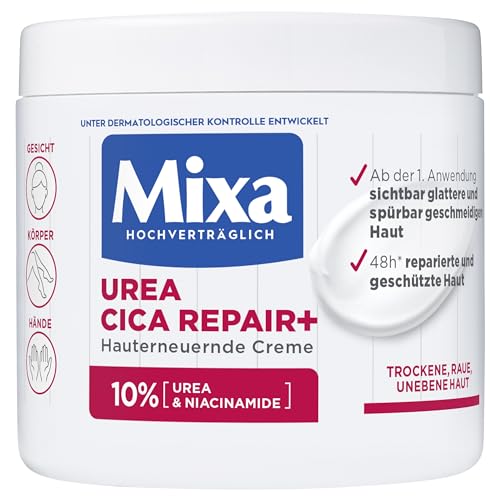 Mixa Urea hauterneuernde Creme mit Urea & Niacinamide, für trockene und raue und unebene Haut, repariert und glättet, Feuchtigkeitspflege für den Körper, Hände und Gesicht, Urea Cica Repair+, 400 ml
