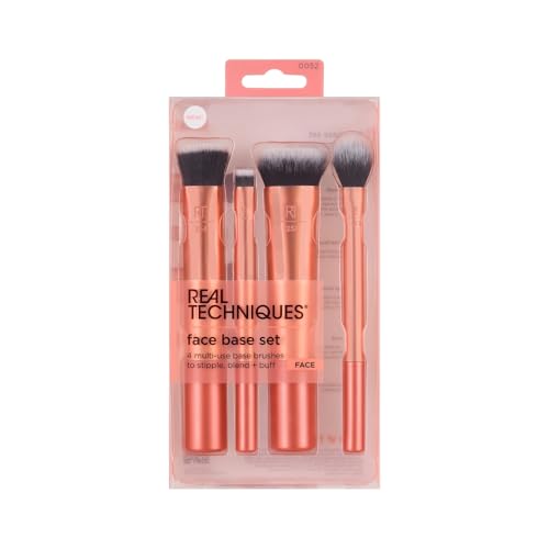 Real Techniques Face Base Makeup Brush Kit, For Concealer, Foundation, & Contour, Works With Liquid, Cream & Powder Products, Staples For Blending & Buffing, 4 Piece Set