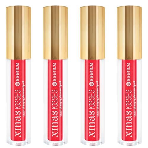 essence xmas KiSSES colour changing shimmer lip oil, Lipgloss, Nr. 01, langanhaltend, Färbeeffekt, mit Ölen, glänzend, vegan, ölfrei, ohne Parabene, ohne Mikroplastikpartikel, 4er Pack (4x2.6ml)