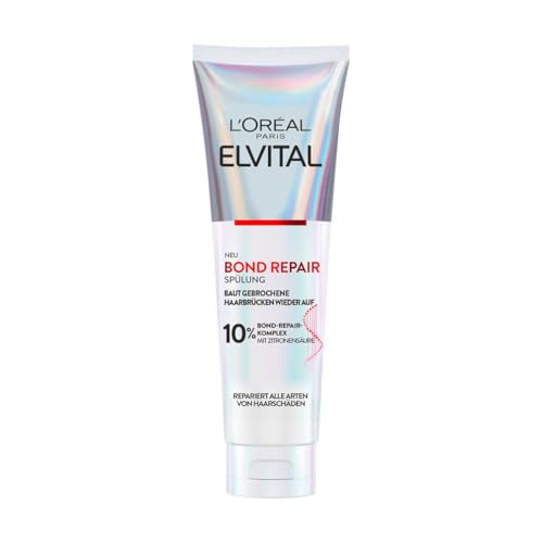L'Oréal Paris Elvital Bond Repair Spülung, Conditioner gegen Haarschäden, Haarreparatur & Schutz, für weniger Haarbruch, mehr Geschmeidigkeit & Glanz, mit Bond-Repair-Komplex und Zitronensäure,150ml