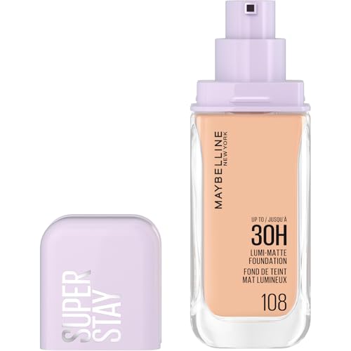 Maybelline New York 30H Lumi Matte Foundation, Langanhaltend ultra-frischer Look mit mattem Finish, Aufbaubare & lichtreflektierende Foundation, Farbe: 108 Sehr Hell-Hell, Kühl, Superstay