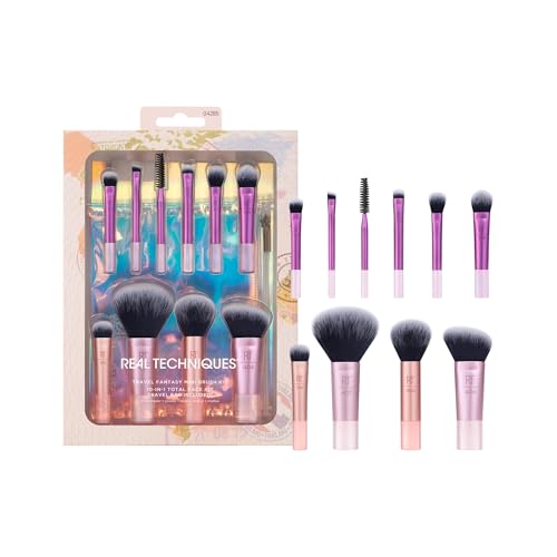 Real Techniques Travel Fantasy Mini-Pinsel-Set, Make-up-Pinsel für Lidschatten, Highlights, Konturen, Puder und Concealer, Pinsel in Reisegröße und Kosmetiktasche, 11-teiliges Set